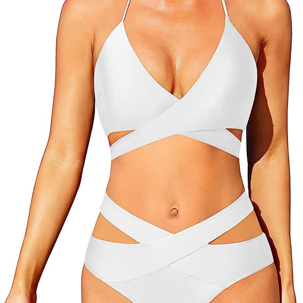 HOLIPICK High-Waisted Two Piece Bikini Set - White.